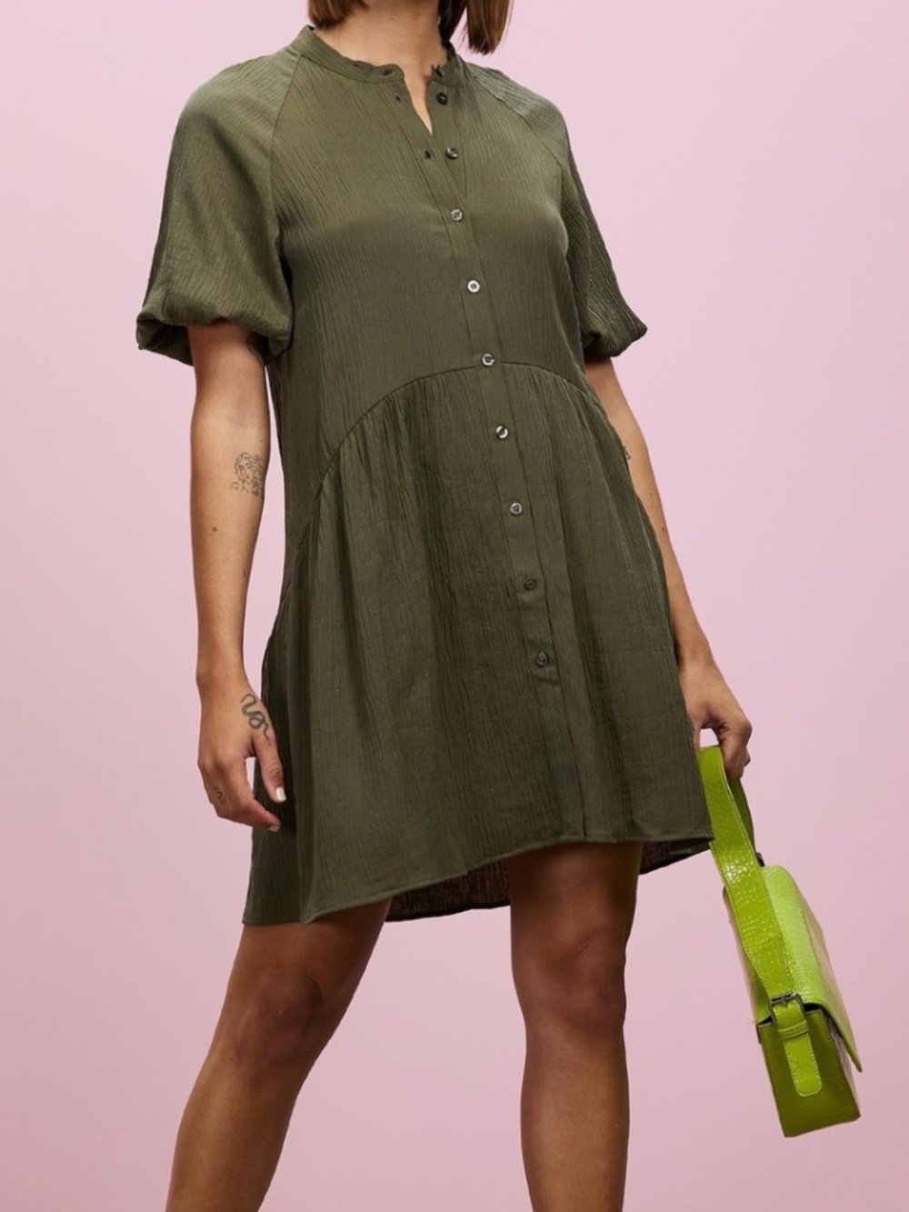 Topshop Olive Green Button-Down Mini Dress